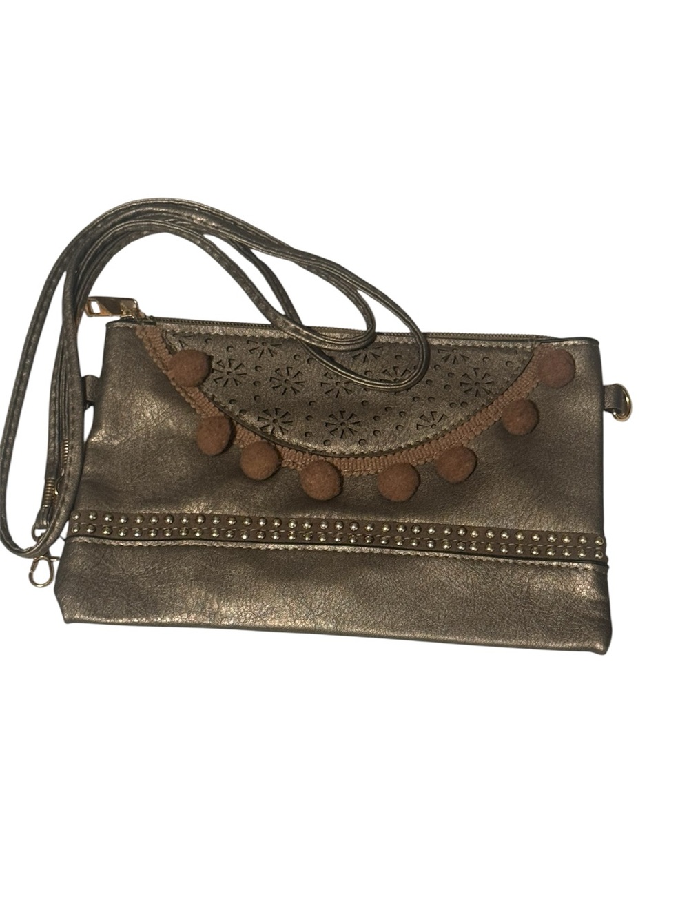 Metallic Bronze Crossbody Clutch with Pom Pom Trim